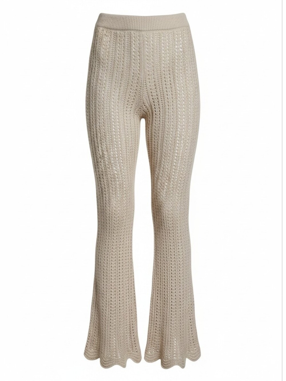 Solitare Beige Crochet Knit Wide Leg Scalloped Hem Pants
